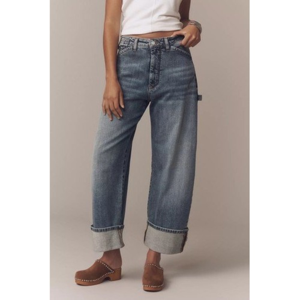 Pilcro Kayden High Rise Carpenter Wide Leg Barrell Jeans Blue Cuffed Size 27